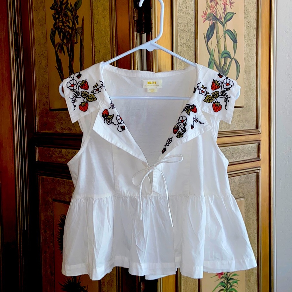 Anthropologie Collared Strawberry Babydoll Top